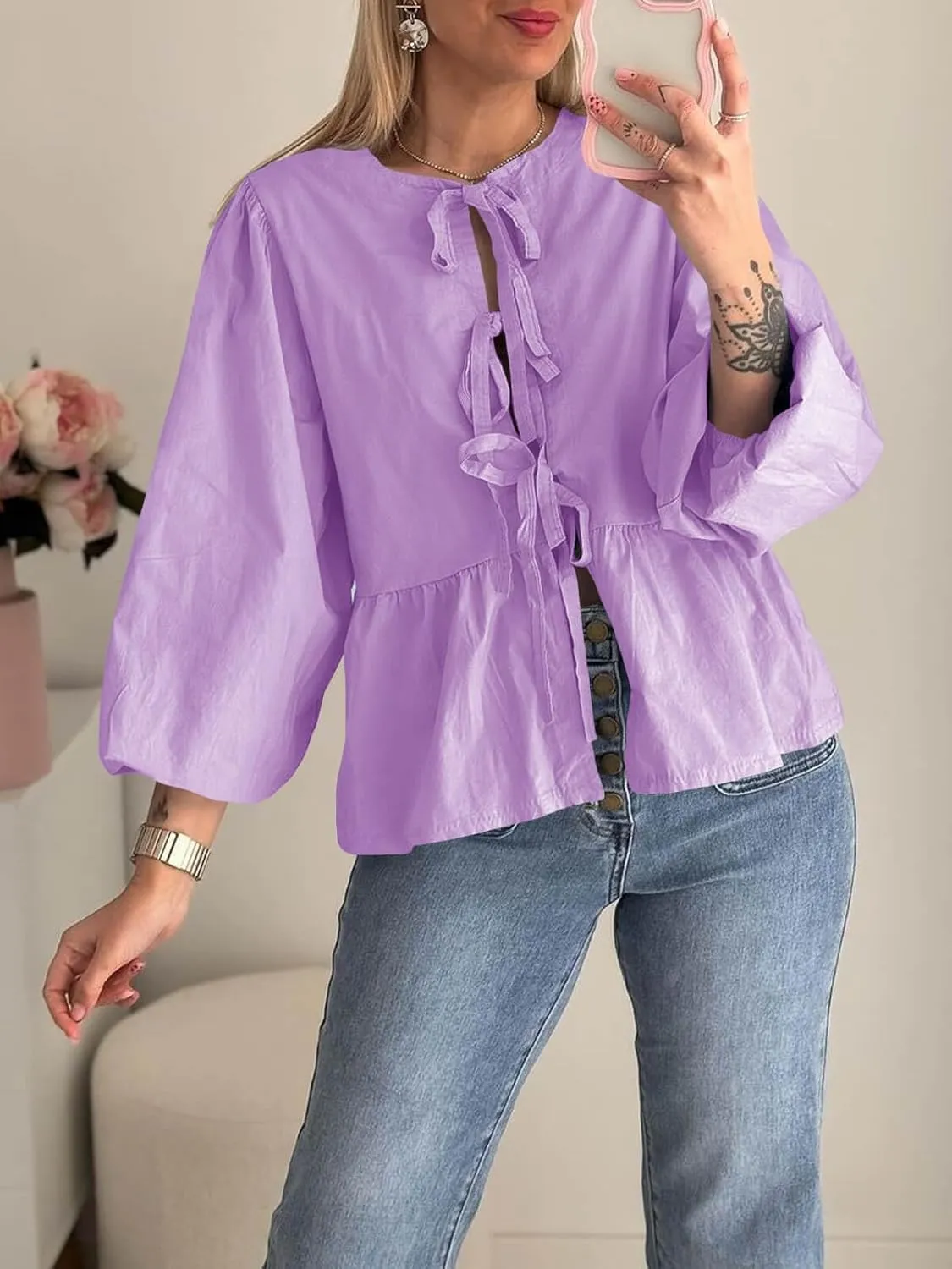 Tankaneo Womens Tie Front Tops Blouses Long Puff Sleeve Peplum Babydoll Bow Shirt Summer Coquette Tops