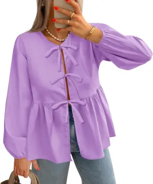 Tankaneo Womens Tie Front Tops Blouses Long Puff Sleeve Peplum Babydoll Bow Shirt Summer Coquette Tops