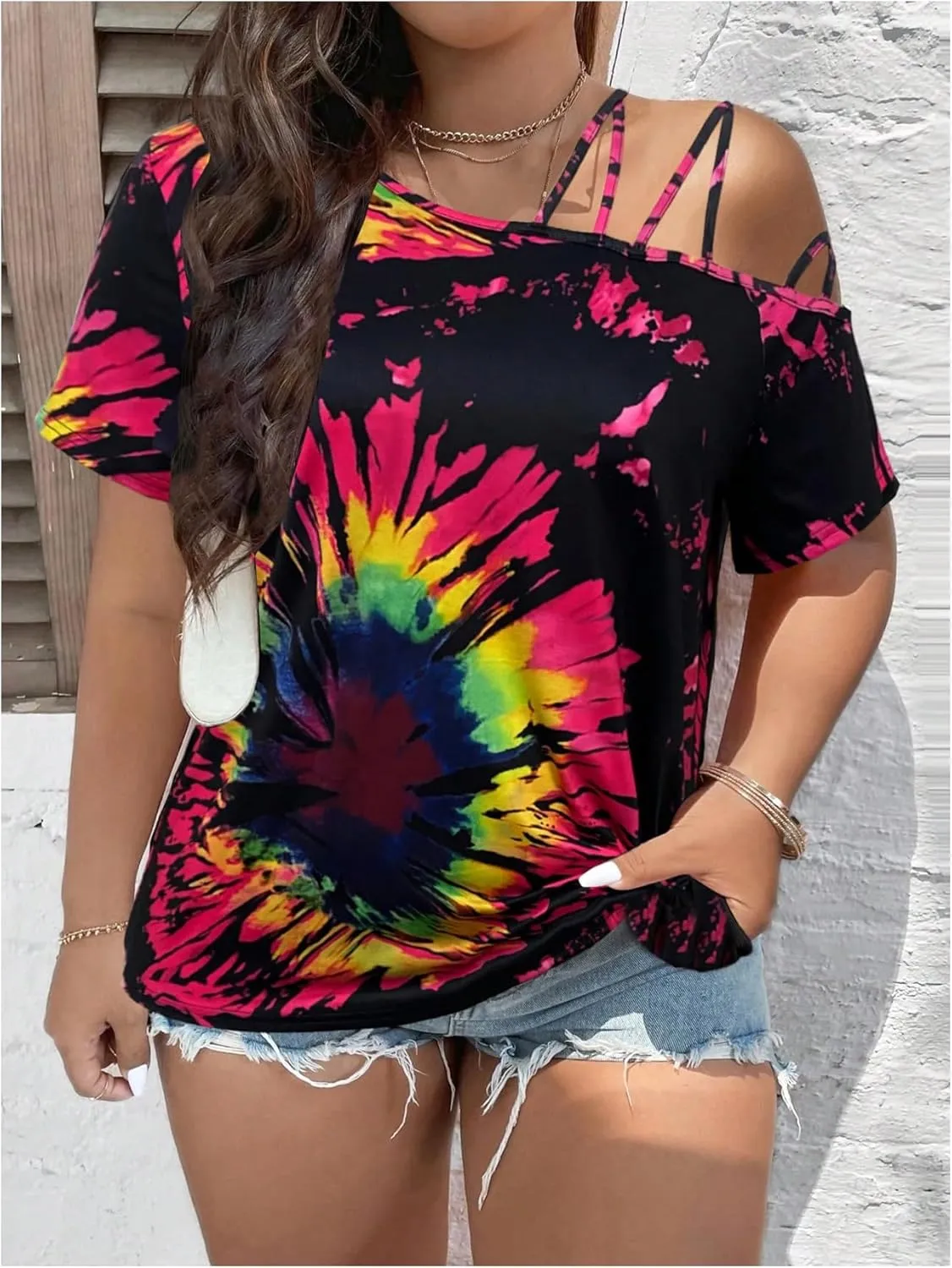 WDIRARA Women's Plus Size Tie Dye Off Shoulder T Shirt Short Sleeve Tops
