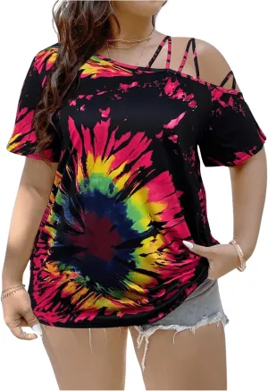 WDIRARA Women's Plus Size Tie Dye Off Shoulder T Shirt Short Sleeve Tops