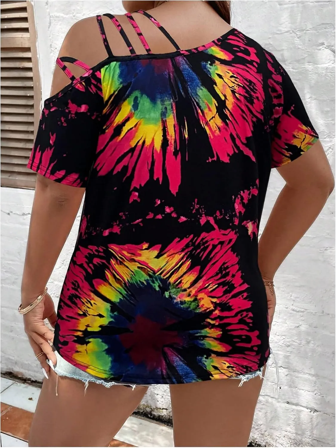 WDIRARA Women's Plus Size Tie Dye Off Shoulder T Shirt Short Sleeve Tops