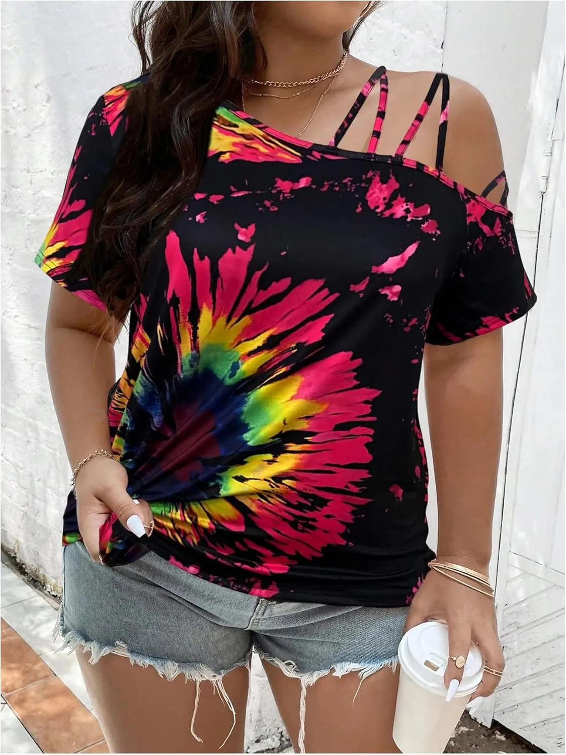 WDIRARA Women's Plus Size Tie Dye Off Shoulder T Shirt Short Sleeve Tops