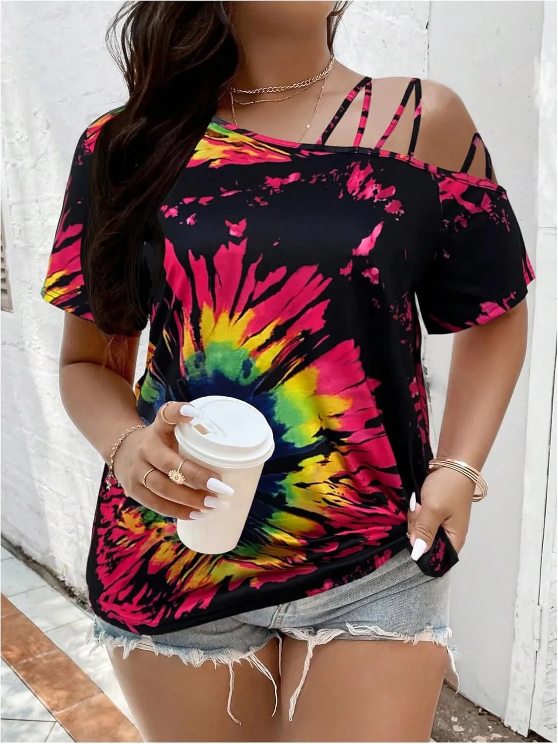 WDIRARA Women's Plus Size Tie Dye Off Shoulder T Shirt Short Sleeve Tops