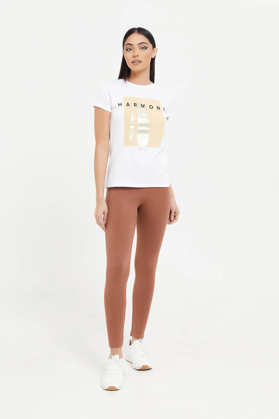 Women Tan Printed Leggings