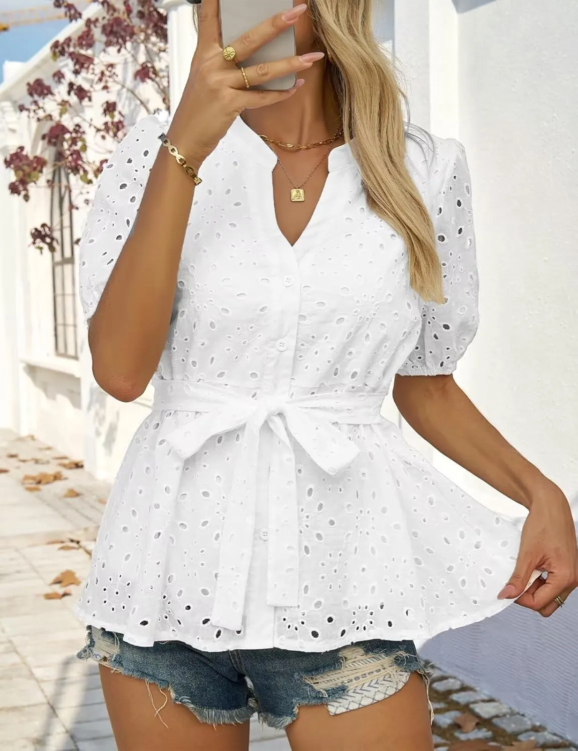 Womens Button Down Blouses Casual Peplum Summer Tops Dressy Chiffon Work Blouse