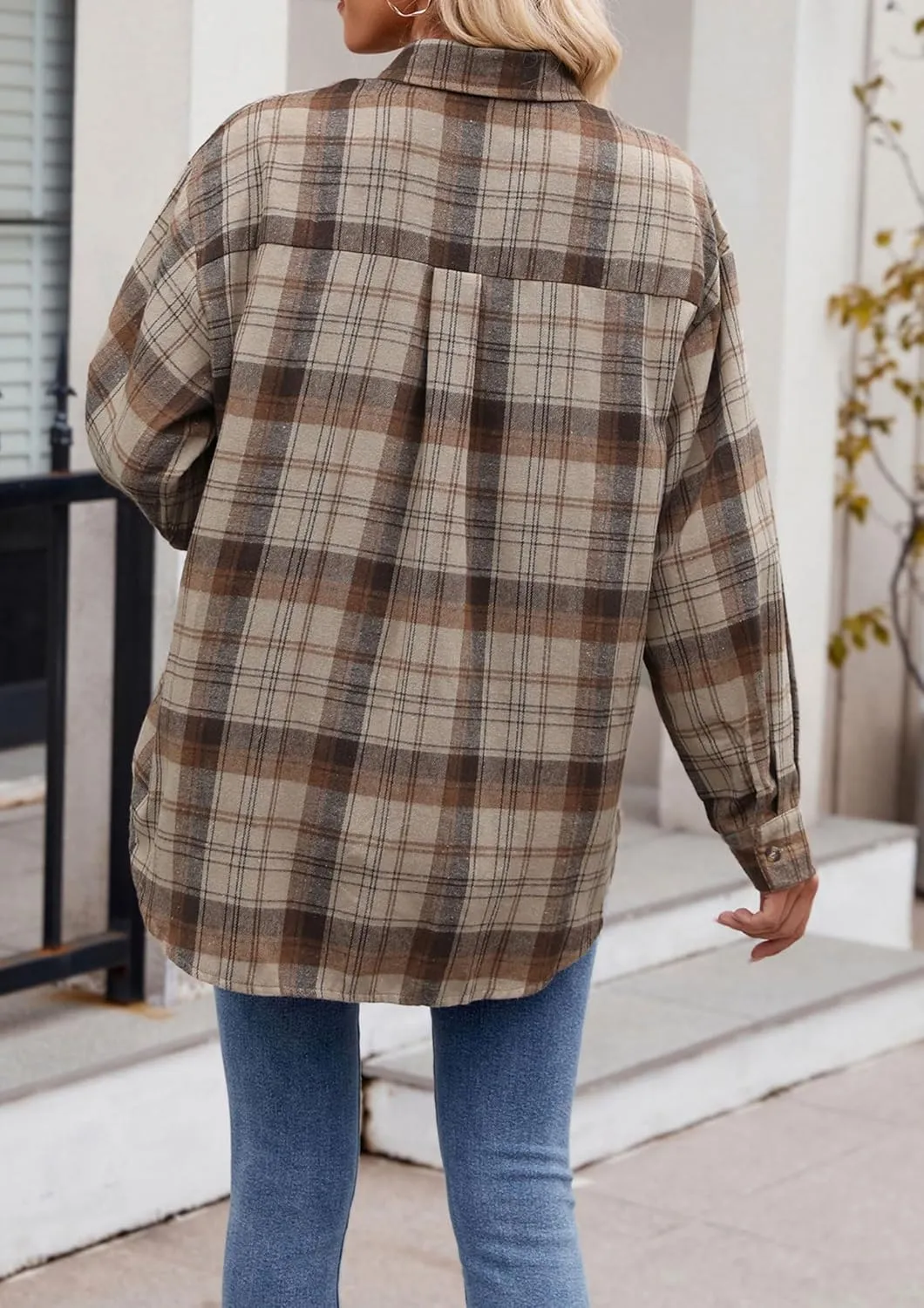 Womens Flannel Fashion Plaid Shirts Button Down Shacket Long Sleeve Jacket Casual Fall Top