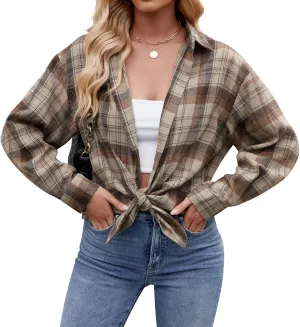Womens Flannel Fashion Plaid Shirts Button Down Shacket Long Sleeve Jacket Casual Fall Top