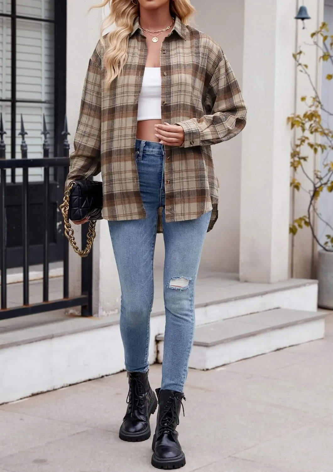 Womens Flannel Fashion Plaid Shirts Button Down Shacket Long Sleeve Jacket Casual Fall Top
