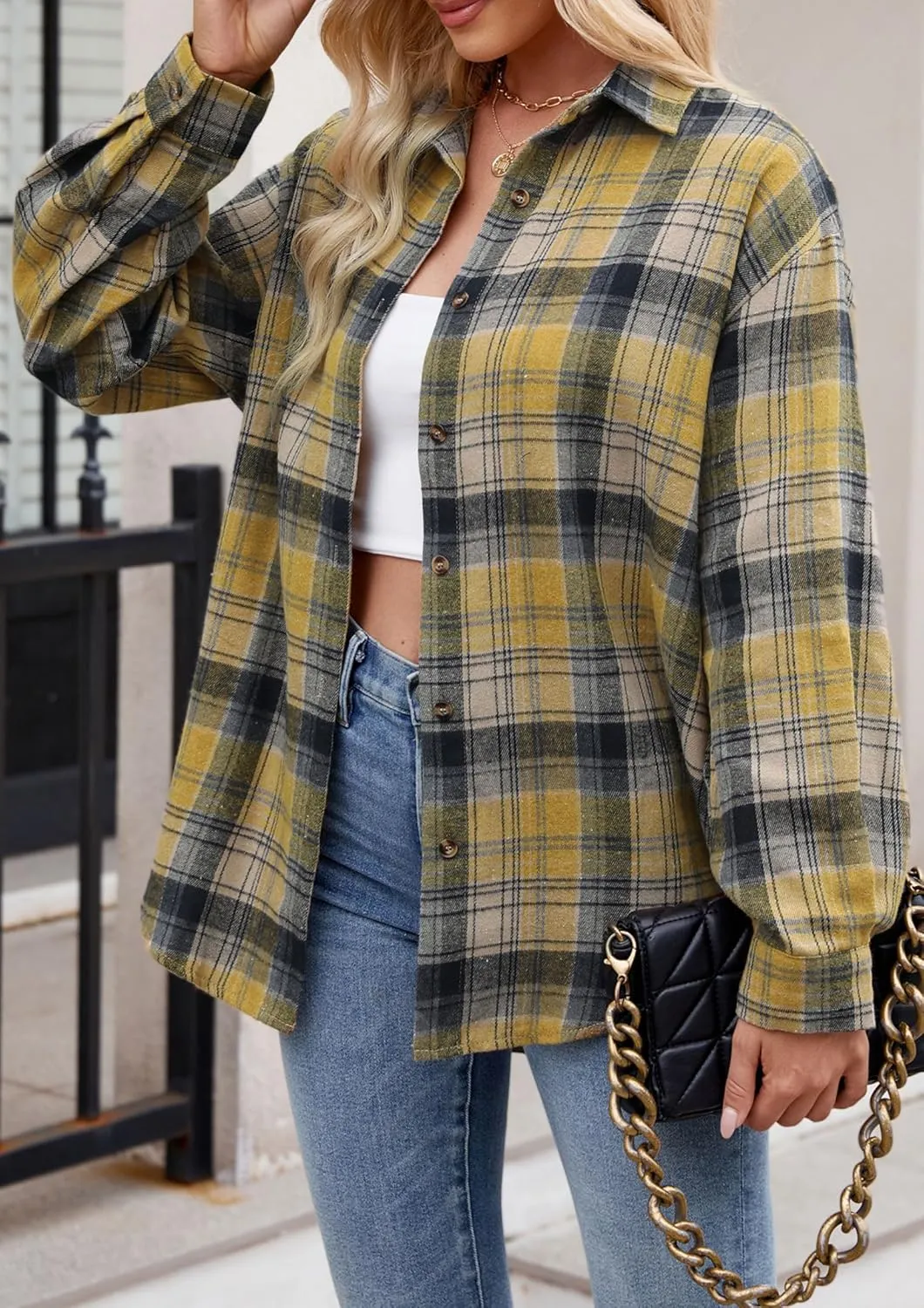 Womens Flannel Fashion Plaid Shirts Button Down Shacket Long Sleeve Jacket Casual Fall Top
