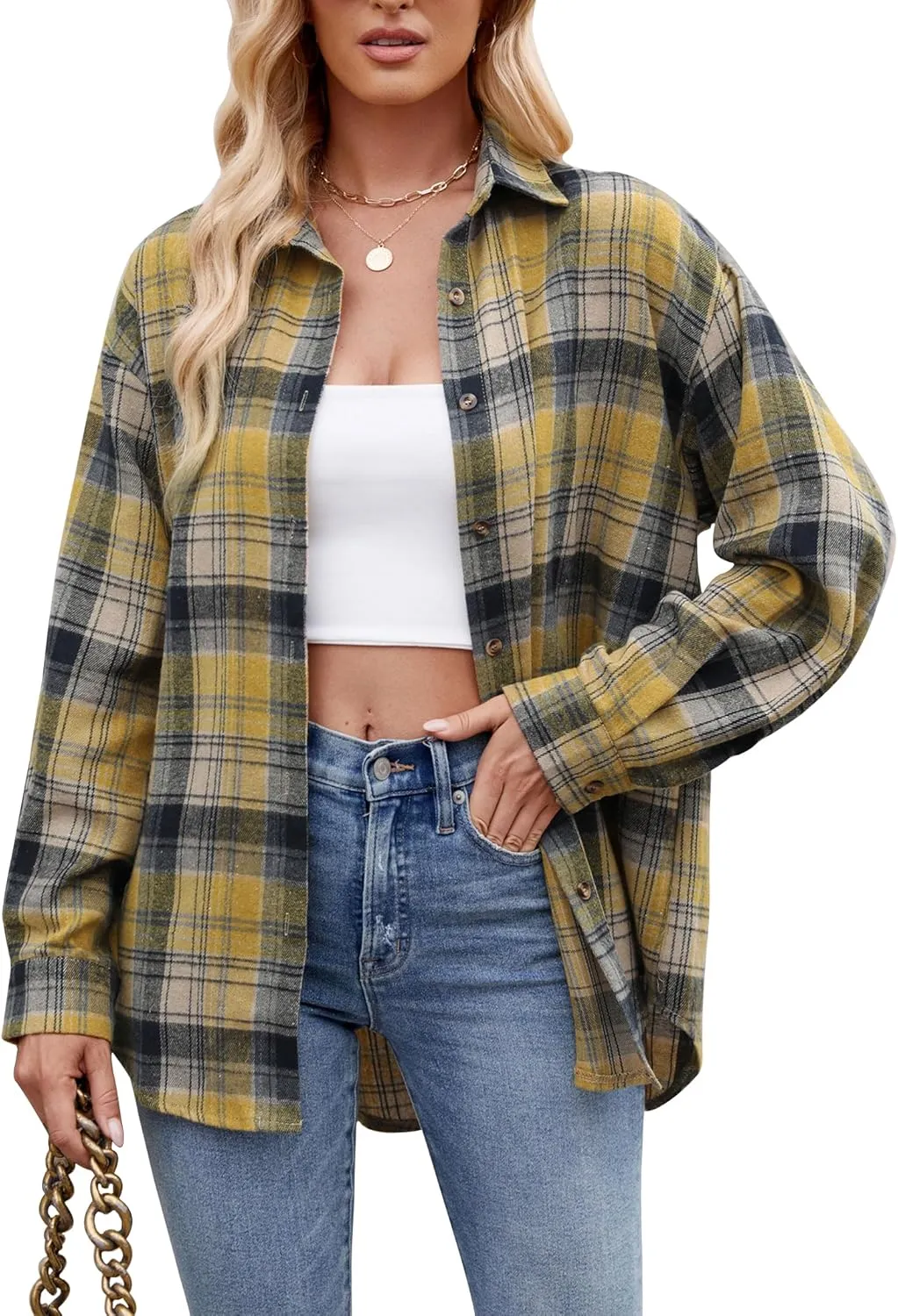 Womens Flannel Fashion Plaid Shirts Button Down Shacket Long Sleeve Jacket Casual Fall Top