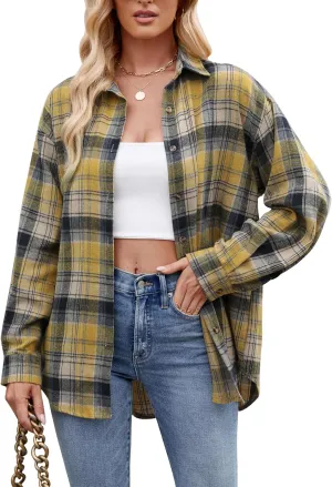 Womens Flannel Fashion Plaid Shirts Button Down Shacket Long Sleeve Jacket Casual Fall Top
