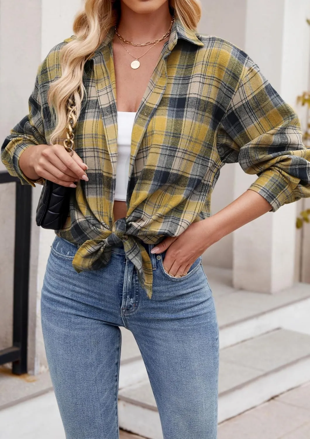 Womens Flannel Fashion Plaid Shirts Button Down Shacket Long Sleeve Jacket Casual Fall Top