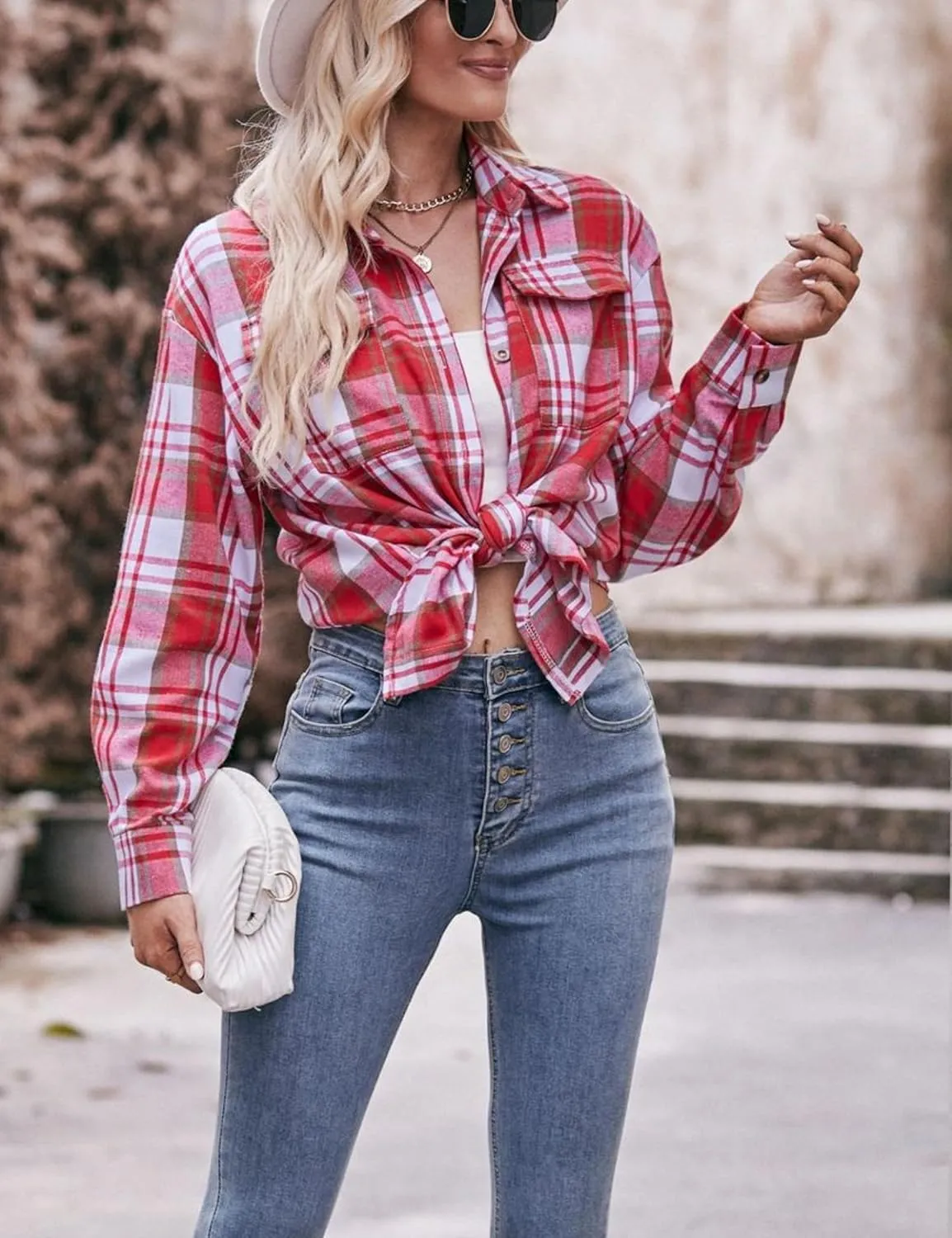Womens Oversized Flannel Plaid Shirts Casual Button Down Blouse Tops with Pockets