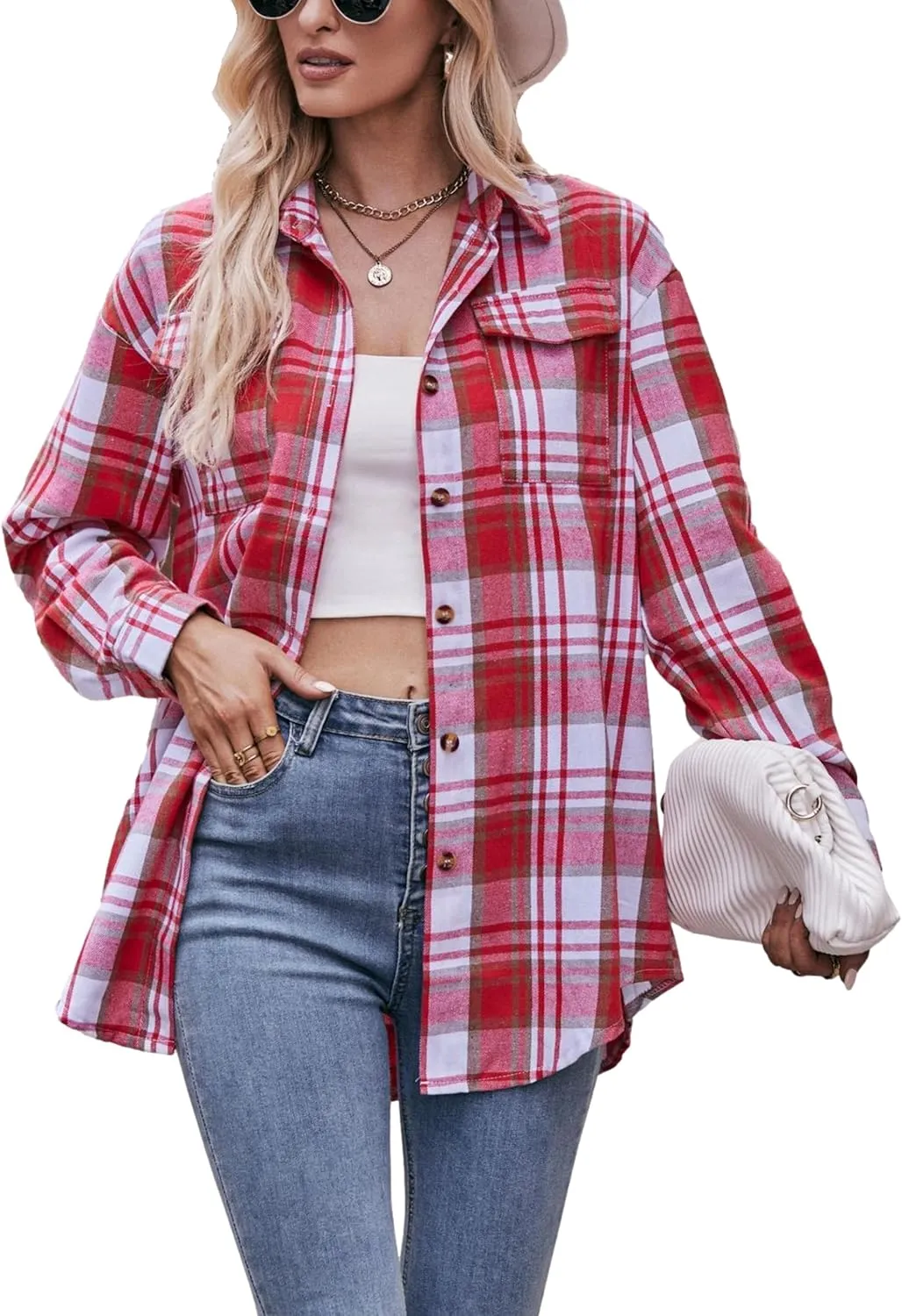 Womens Oversized Flannel Plaid Shirts Casual Button Down Blouse Tops with Pockets