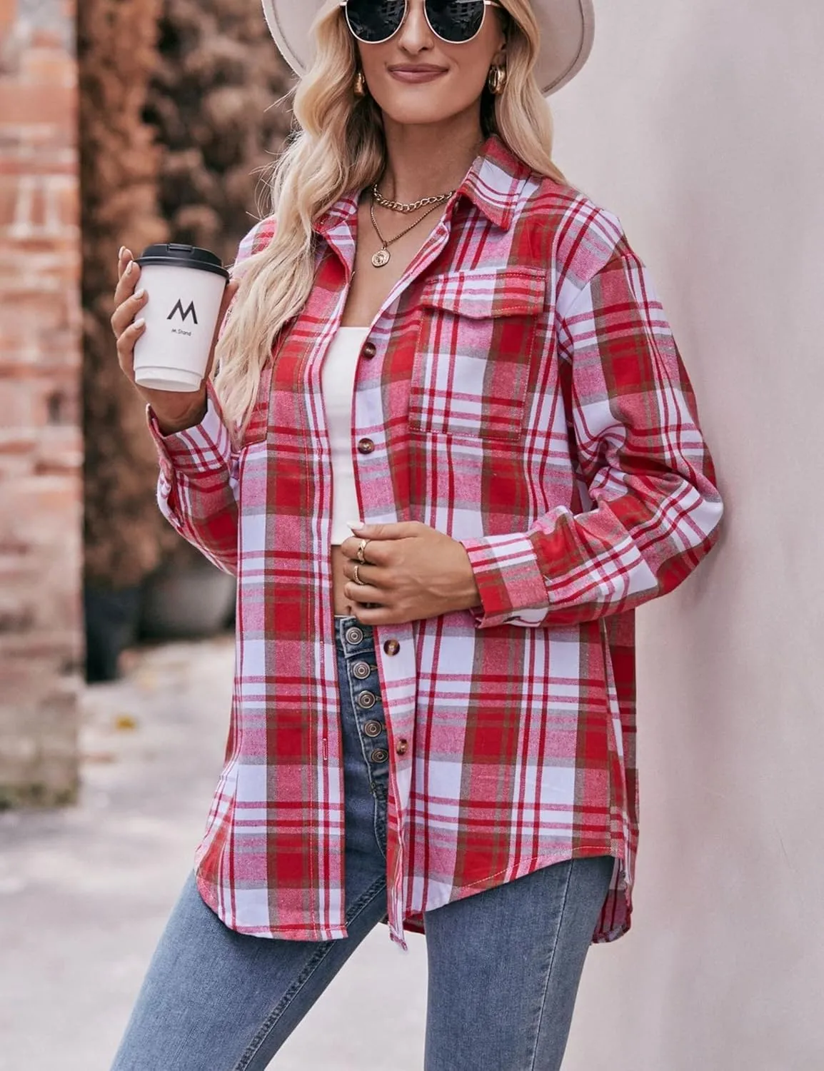 Womens Oversized Flannel Plaid Shirts Casual Button Down Blouse Tops with Pockets