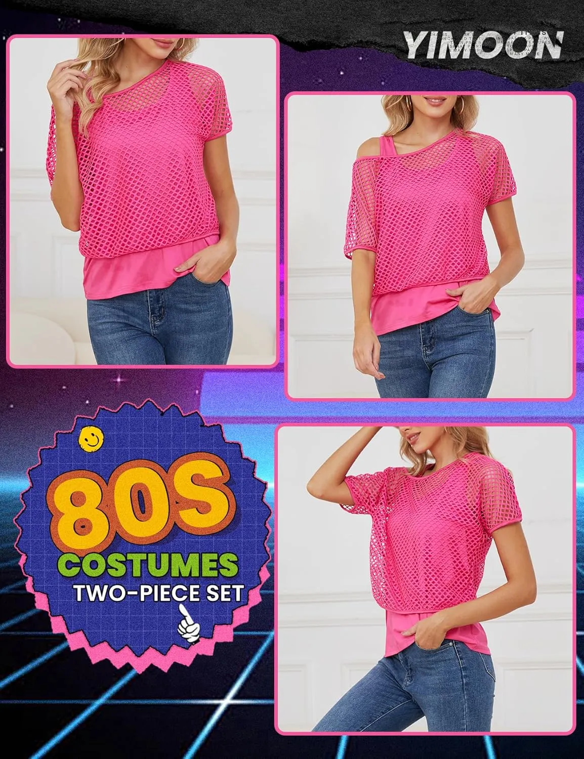 Yimoon Women's Casual 80s 90s Costumes Sexy Fishnet Neon Off Shoulder Tops Short Sleeve Oversized Party T-Shirt