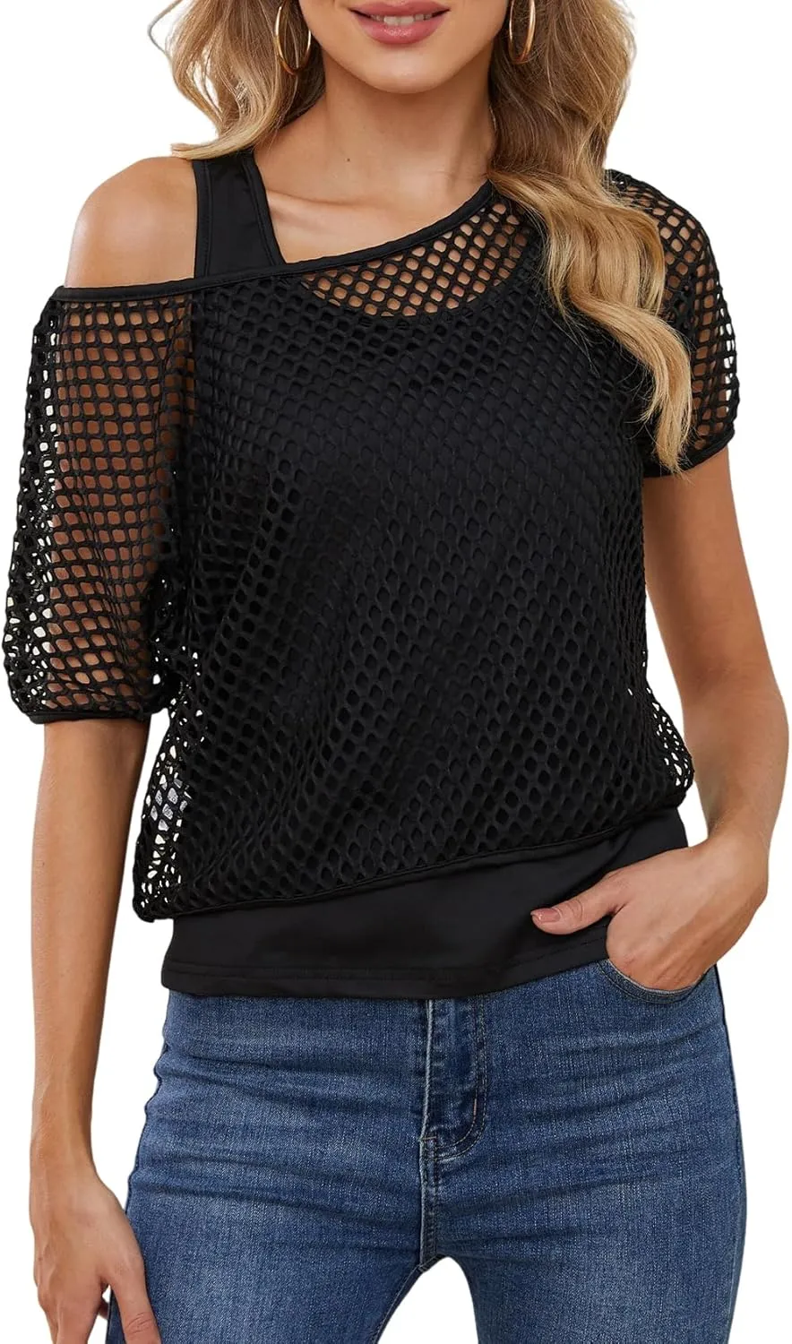 Yimoon Women's Casual 80s 90s Costumes Sexy Fishnet Neon Off Shoulder Tops Short Sleeve Oversized Party T-Shirt