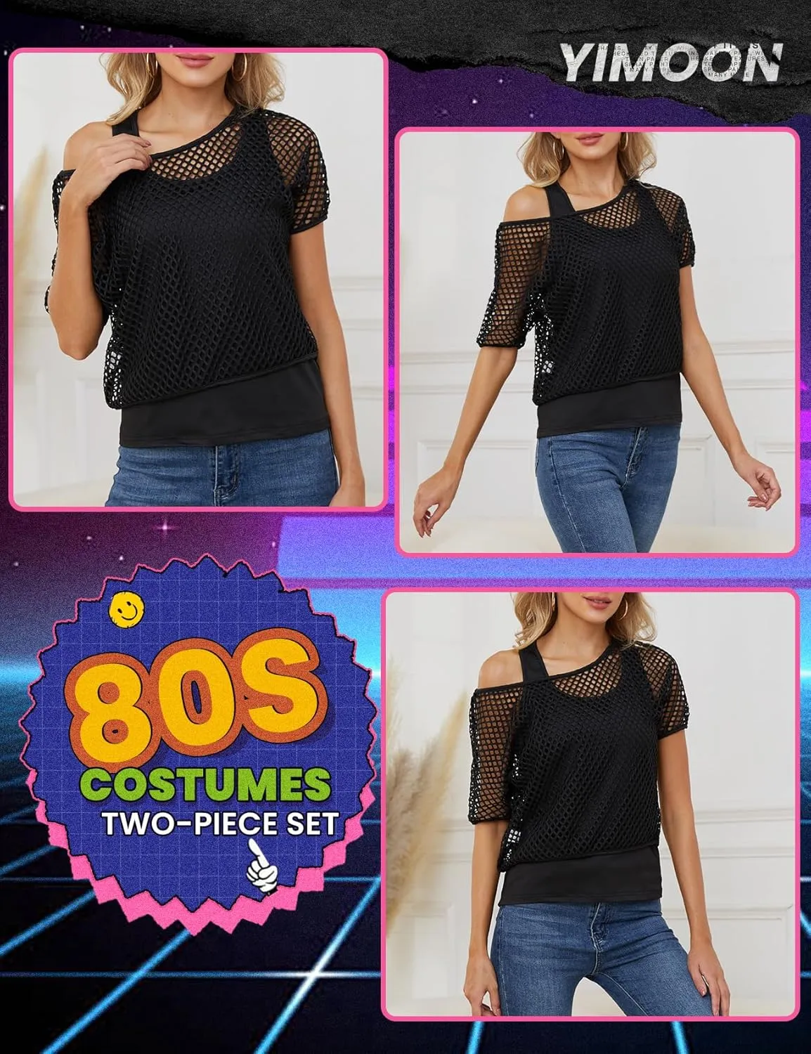 Yimoon Women's Casual 80s 90s Costumes Sexy Fishnet Neon Off Shoulder Tops Short Sleeve Oversized Party T-Shirt