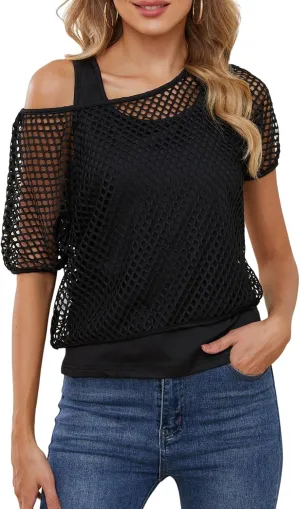 Yimoon Women's Casual 80s 90s Costumes Sexy Fishnet Neon Off Shoulder Tops Short Sleeve Oversized Party T-Shirt