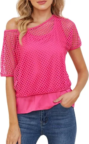 Yimoon Women's Casual 80s 90s Costumes Sexy Fishnet Neon Off Shoulder Tops Short Sleeve Oversized Party T-Shirt