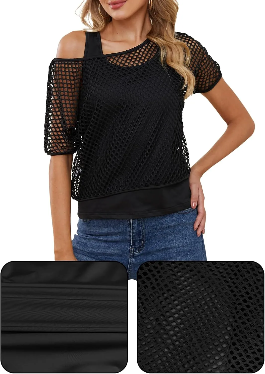 Yimoon Women's Casual 80s 90s Costumes Sexy Fishnet Neon Off Shoulder Tops Short Sleeve Oversized Party T-Shirt
