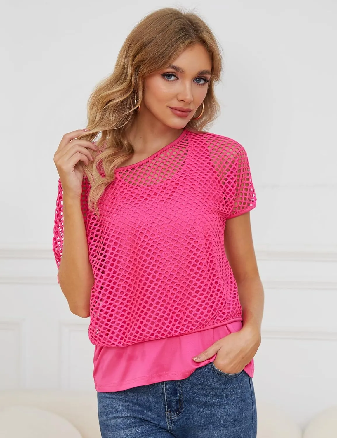 Yimoon Women's Casual 80s 90s Costumes Sexy Fishnet Neon Off Shoulder Tops Short Sleeve Oversized Party T-Shirt