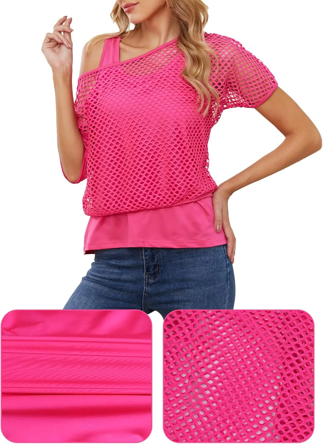 Yimoon Women's Casual 80s 90s Costumes Sexy Fishnet Neon Off Shoulder Tops Short Sleeve Oversized Party T-Shirt